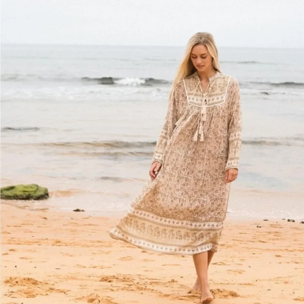 Little Gypsy Co Luna Cream Tan Long Sleeve Floral Boho Midi Dress‎ Size Medium
